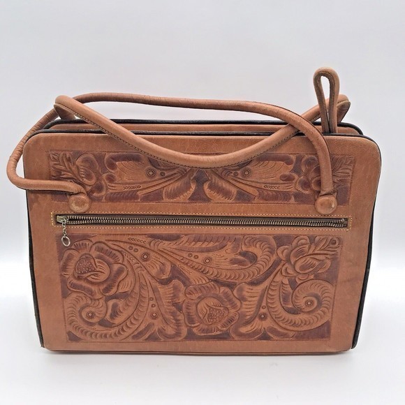 Vintage 60s Gaitan Artisan Hand Tooled Carved Leather Double Handle Purse Mexico - Picture 3 of 12